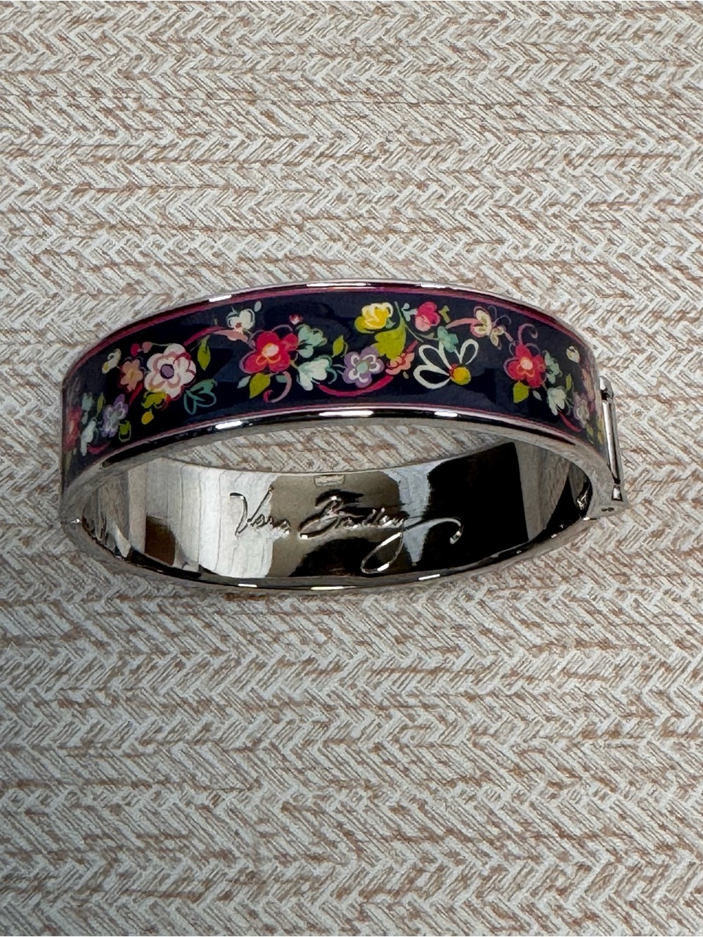 Vera Bradley Black Floral Enamel Hinged Bangle Bracelet with Multicolor Flowers